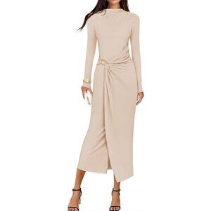 Zesica Women's Apricot Long Sleeve Mock Neck Long Midi Bodycon Cocktail Dress